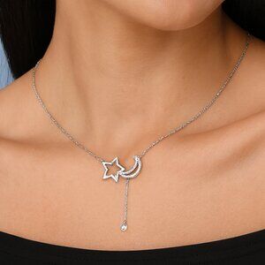 NWB Celestial CZ Silver Necklace White Gold Plated Star & Moon Pendant